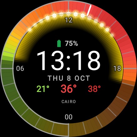 WeatherRing in Cairo in Realistic style: 36° now, ring warming from green to deep crimson with UV mini suns