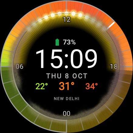 New Delhi · 1.5 Realistic: brown-amber air quality smog haze on the inner rim with UV mini suns.