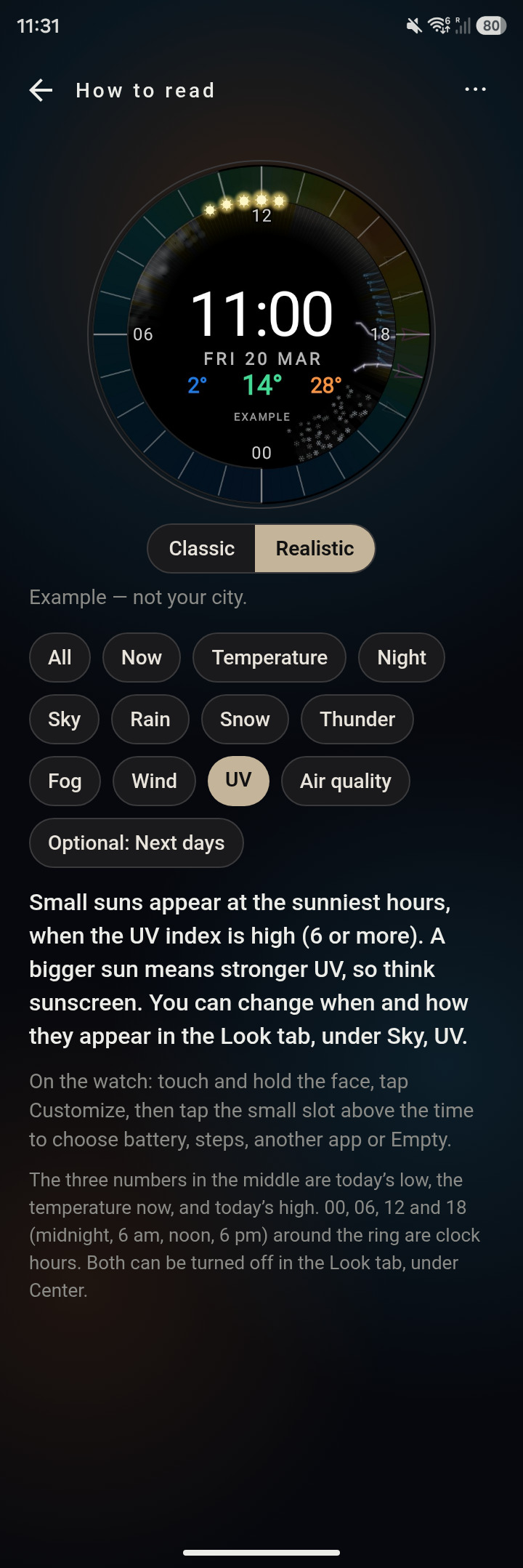 The How to read guide in the WeatherRing phone app with the UV layer selected