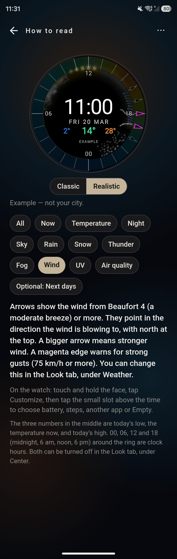 The How to read guide in the WeatherRing phone app with the Wind layer selected