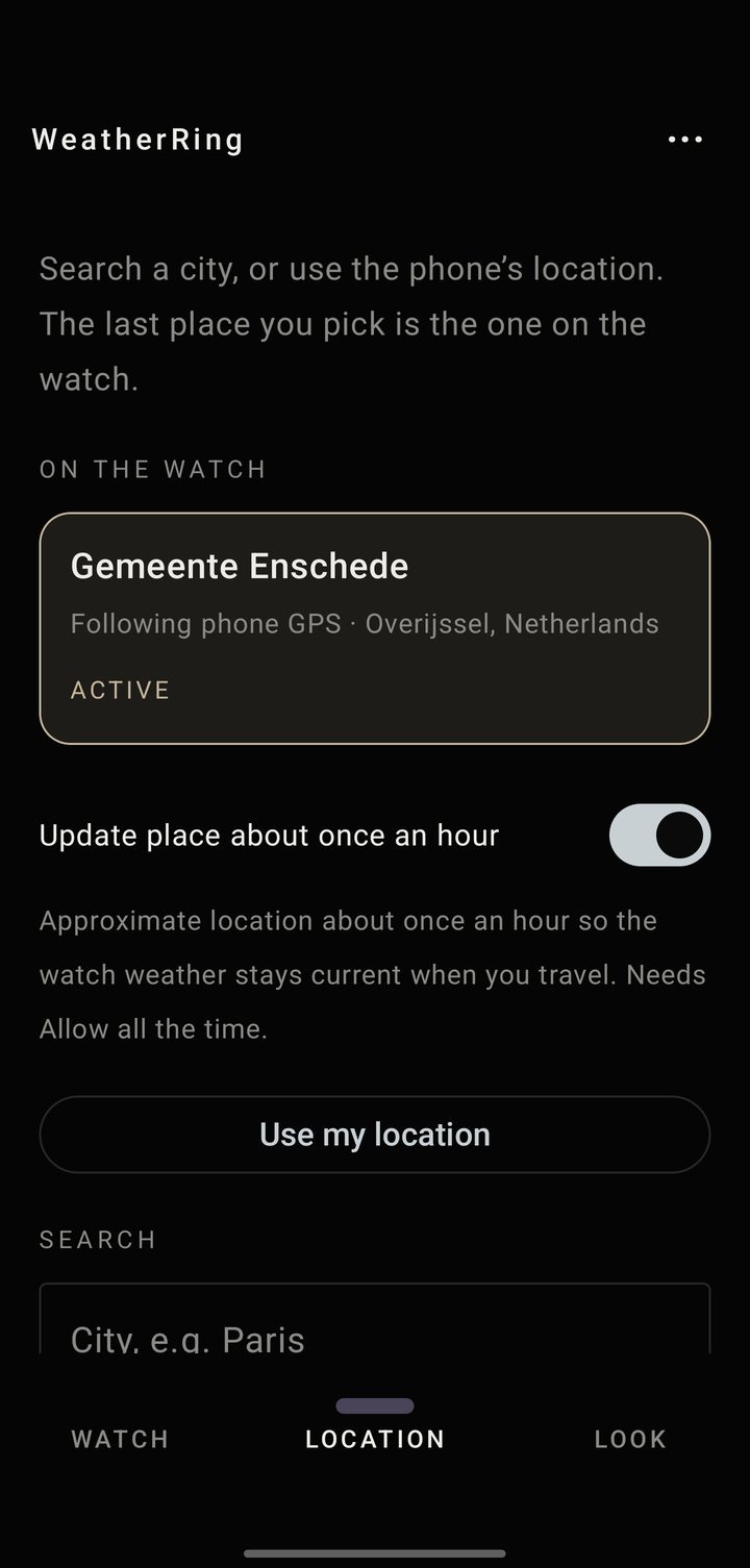 WeatherRing Location tab following phone GPS with hourly place updates enabled
