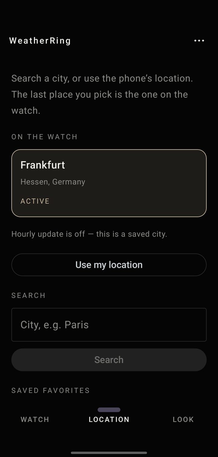 WeatherRing Location tab with Frankfurt saved as a city and hourly update off