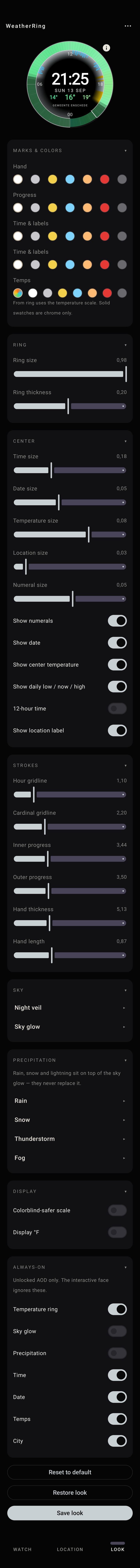 WeatherRing Look tab with the full list of controls, including Always-on toggles