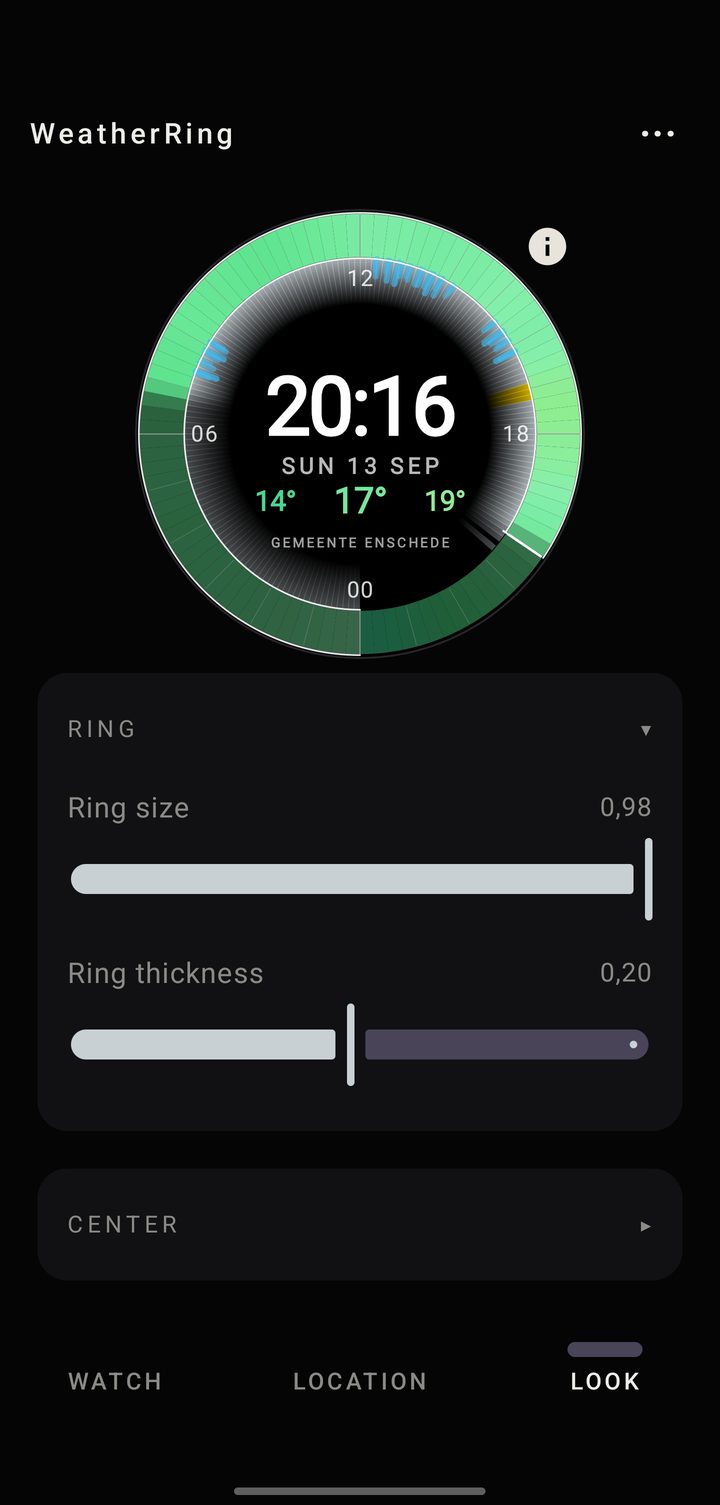 WeatherRing Look tab: ring size and thickness sliders