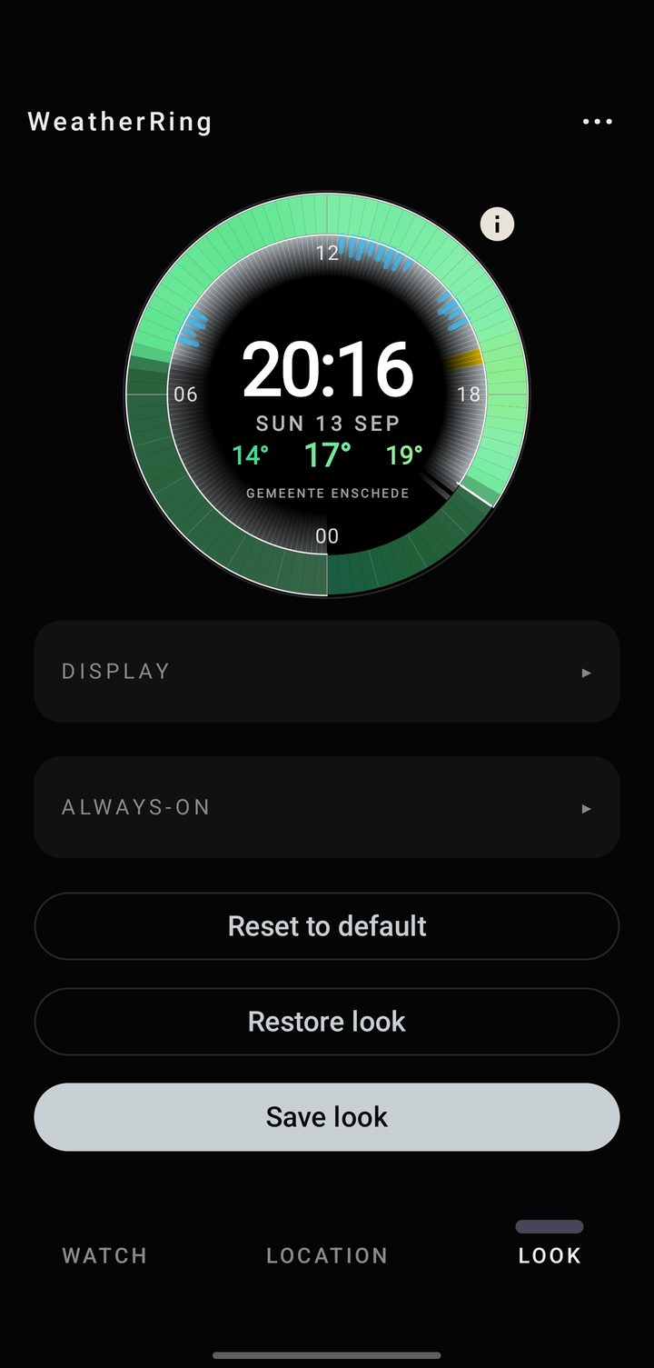WeatherRing Look tab: Display, Always-on, Save look