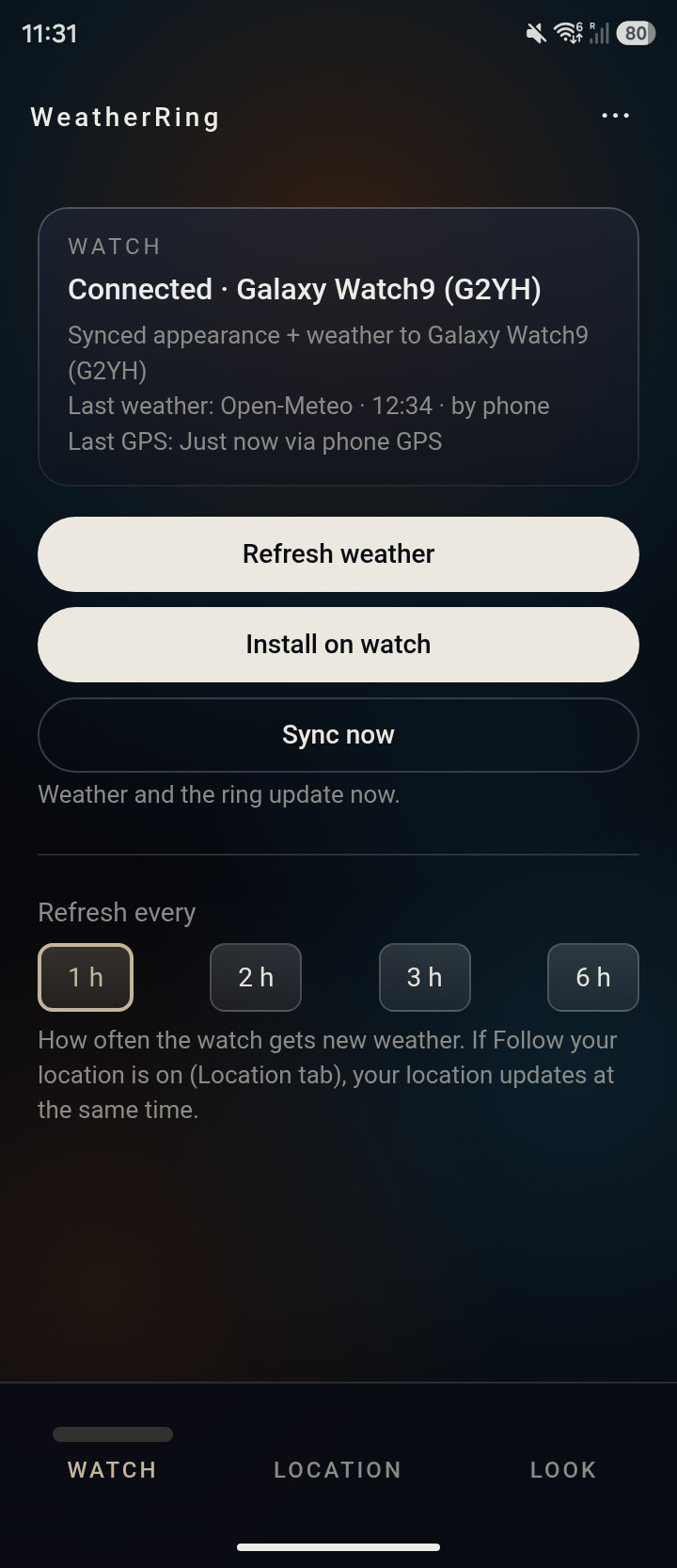 The Watch tab: install on the watch, sync now and choose Refresh every 1, 2, 3 or 6 hours.