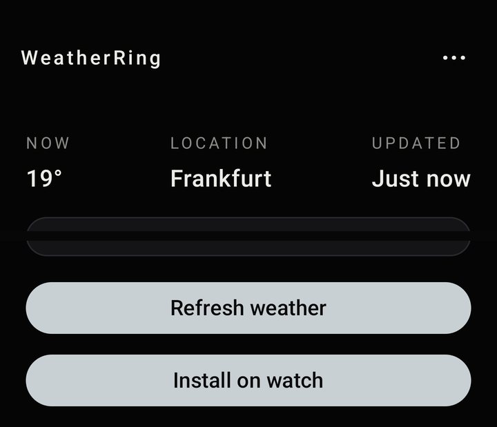 WeatherRing companion Watch tab: current temperature, city, last update, and refresh, install, and sync actions