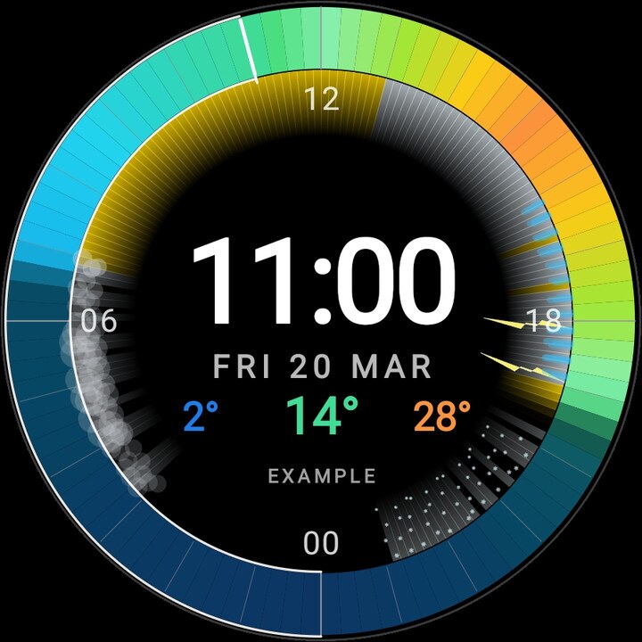 Example WeatherRing face with every layer on, 11:00 on Friday 20 March