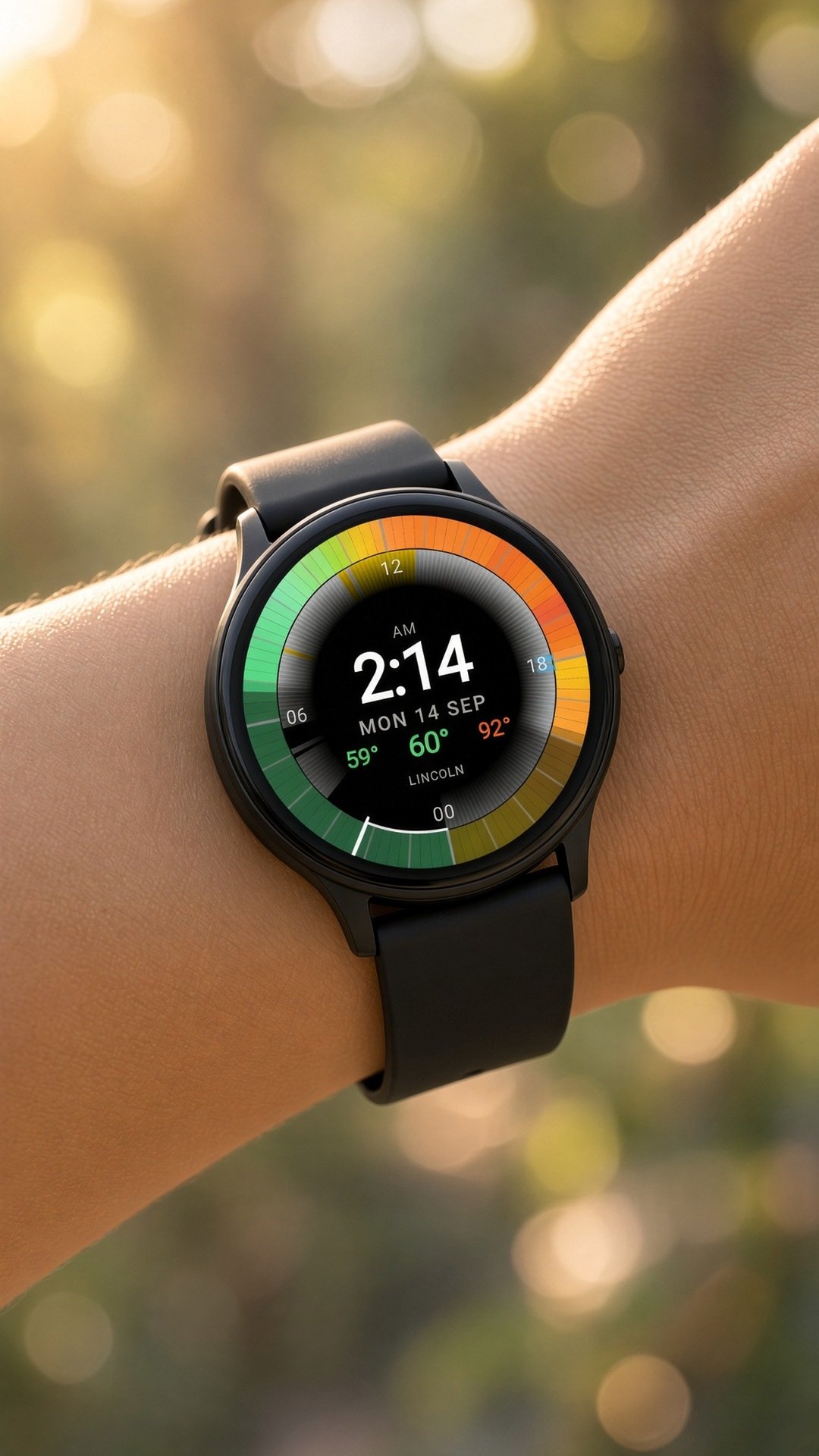 WeatherRing on a wrist in Lincoln, a wide daily temperature swing in °F