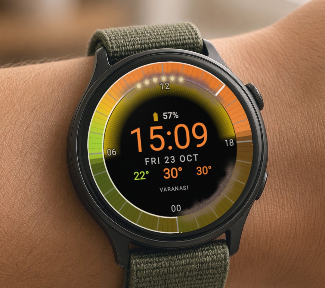 WeatherRing on a wrist showing the brown-amber air quality smog haze along the inner rim